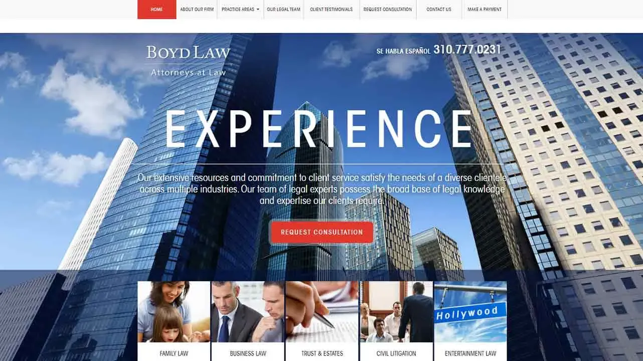 The image shows a professional law firm website homepage featuring a modern city skyline with tall skyscrapers, emphasizing the firm's expertise in various legal areas, highlighted by the prominent text "Experience" at the center.