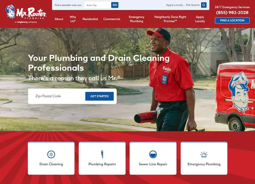 A smiling plumber in a red uniform holds a tool, standing next to a branded van with the "Mr. Rooter" logo, set against a backdrop of residential houses.