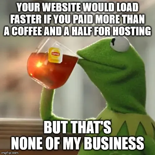 Kermit sipping tea meme, your site would load faster with better hosting but that's none of my business
