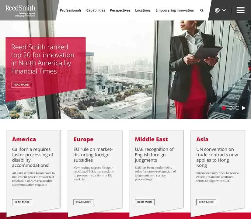 A professional standing in a modern high-rise office, overlooking a cityscape through large windows, is dressed in business attire and holding documents against a backdrop of a dynamic, multinational law firm's website showcasing North America innovation rankings and regional legal insights.