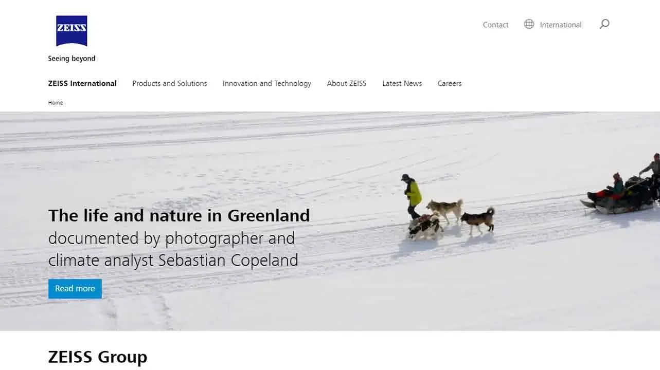 This image shows a group of people being pulled on a sled by a team of huskies across a vast, snow-covered landscape in Greenland, illustrating the region's life and nature, with a text overlay highlighting documentation by a photographer and climate analyst.