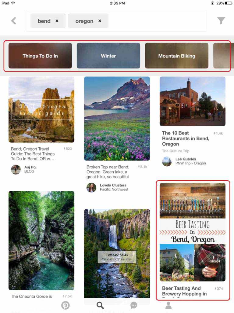 Pinterest search results for Bend with filter options highlighted