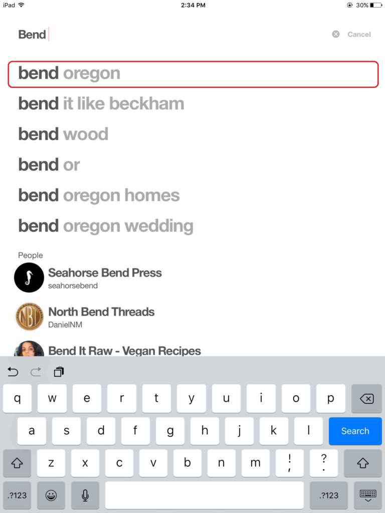Searching for Bend, Oregon in the Pinterest app