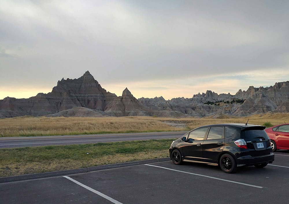 Our Honda Fit set up for sleeping on the road