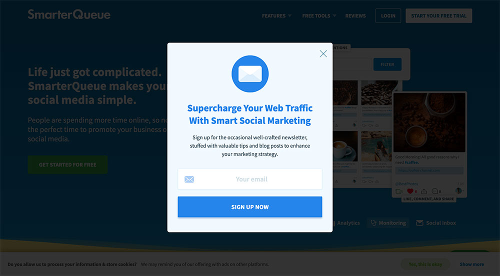 Popup de boletín de SmarterQueue apareciendo segundos después de cargar la página
