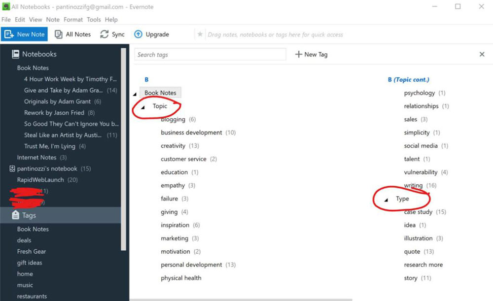 Tagging matrix of Topic and Type tags in Evernote
