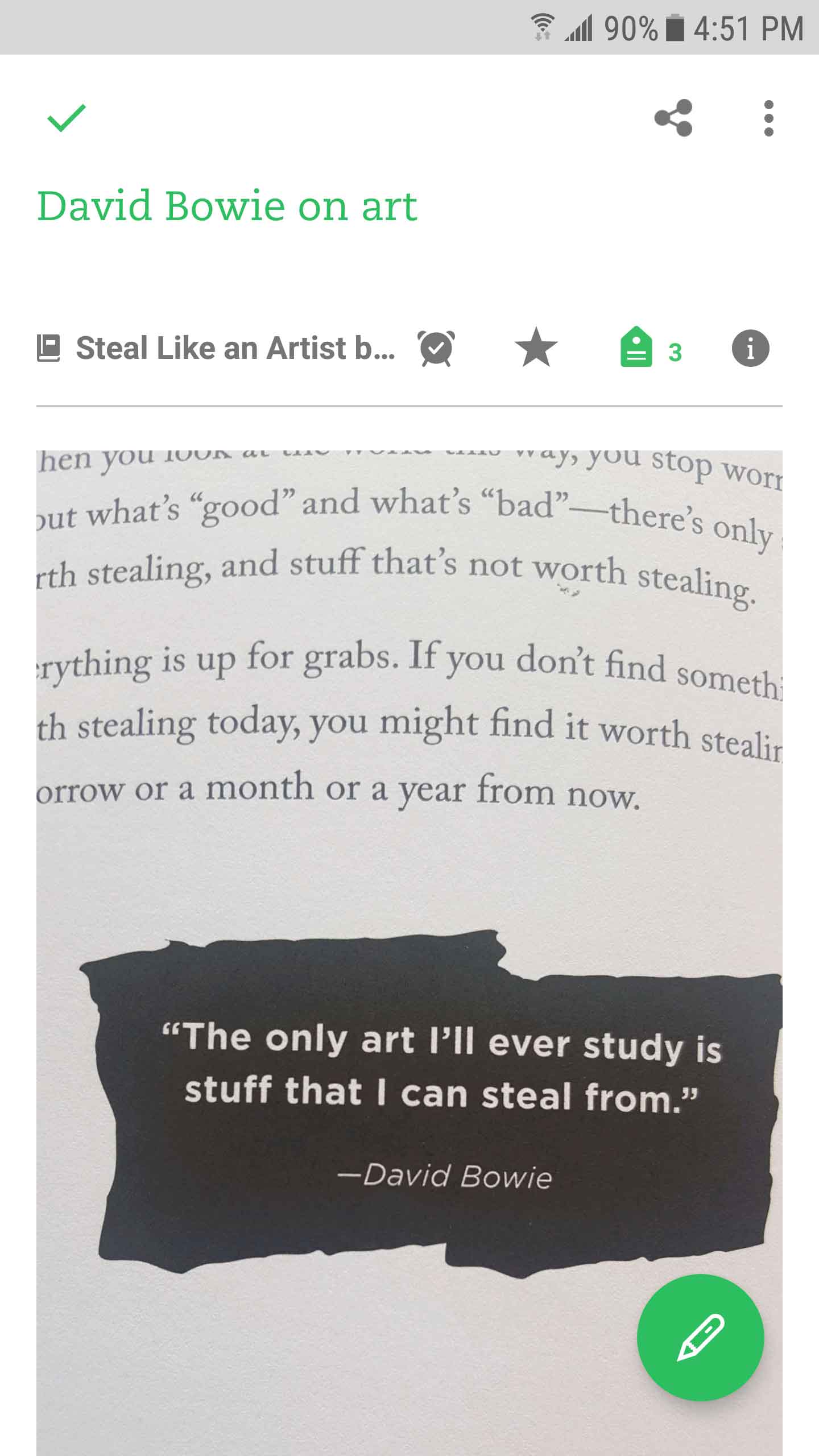 Snapping a photo of a book quote with Evernote's camera