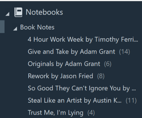 Book Notes notebook stack in Evernote sidebar