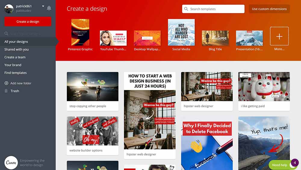 Panel de Canva mostrando plantillas de diseño y herramientas
