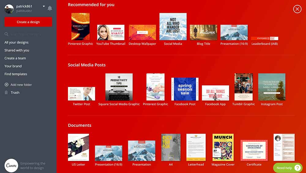 Características de Canva y selección de plantillas personalizadas