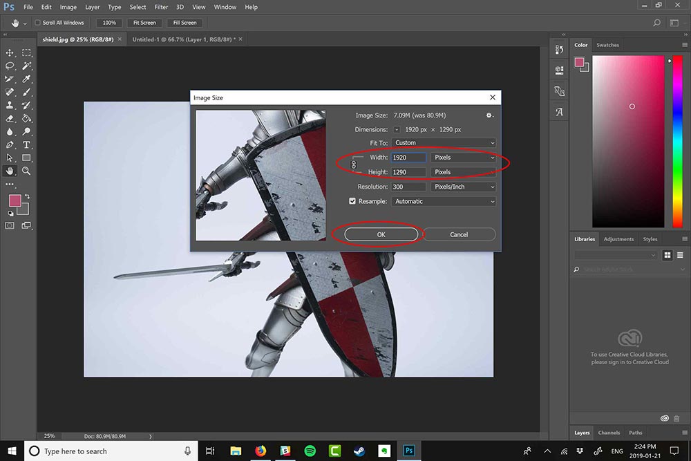 Diálogo de Tamaño de Imagen de Photoshop con dimensiones reducidas