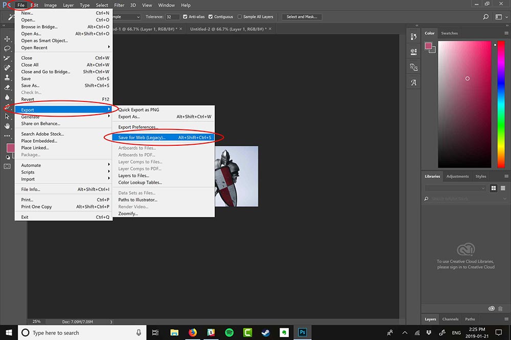 Menú de Archivo de Photoshop mostrando la opción de exportación Guardar para Web