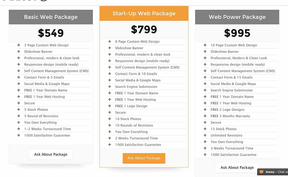 Ejemplo de paquetes de precios de diseño web confusos