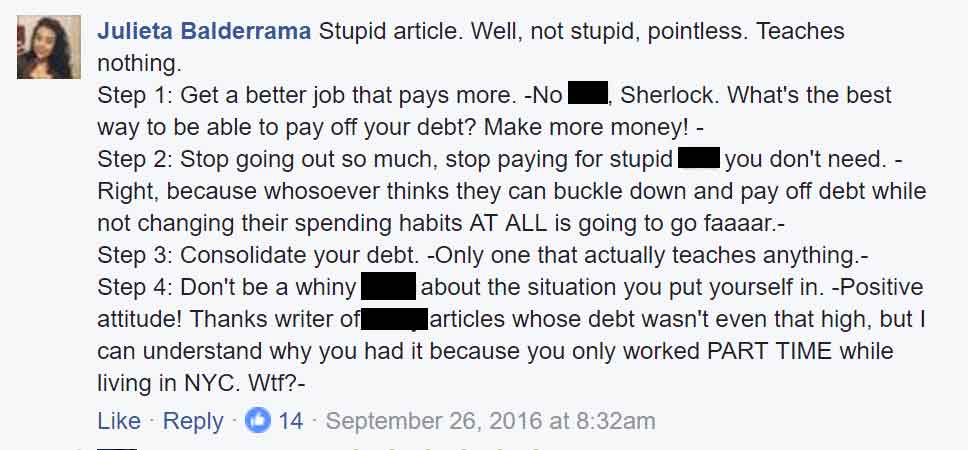Comentario negativo en Facebook sobre mi artículo de deuda de tarjeta de crédito