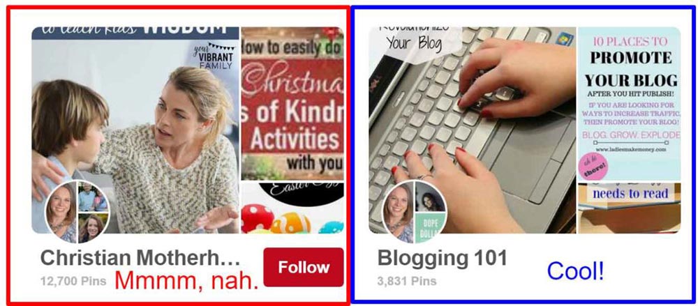Pinterest profile showing boards on a variety of topics
