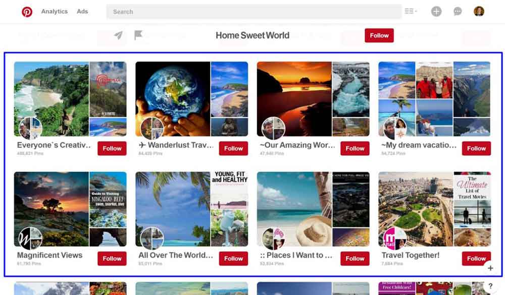 Profile view listing dozens of Group Boards