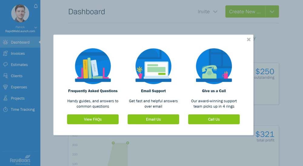 Opciones de soporte al cliente de FreshBooks