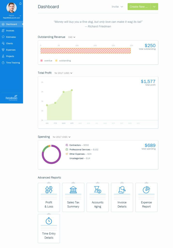 Tablero de FreshBooks mostrando la visión general financiera del negocio