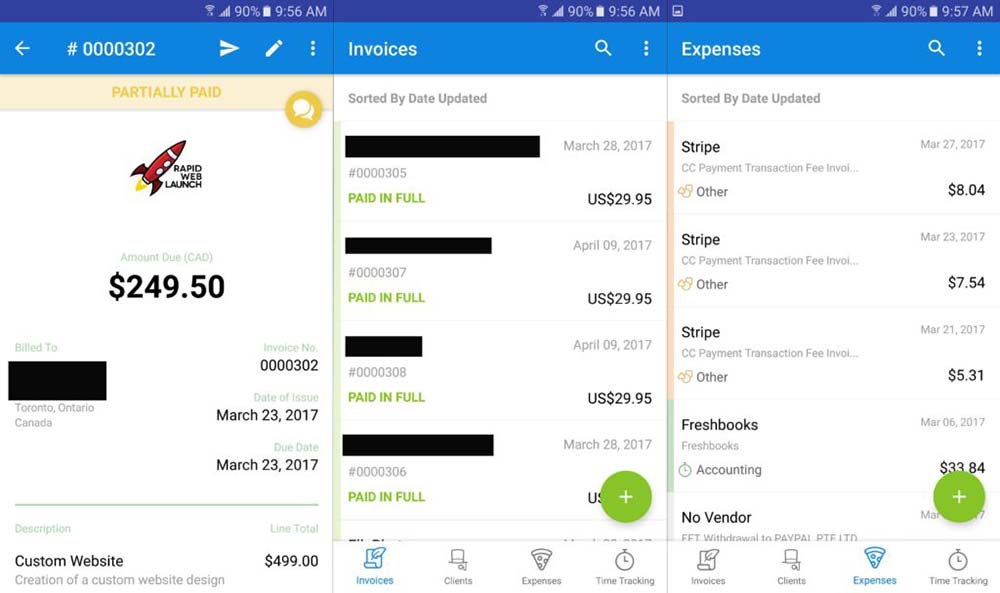 Pantallas de la aplicación móvil de FreshBooks en teléfonos inteligentes