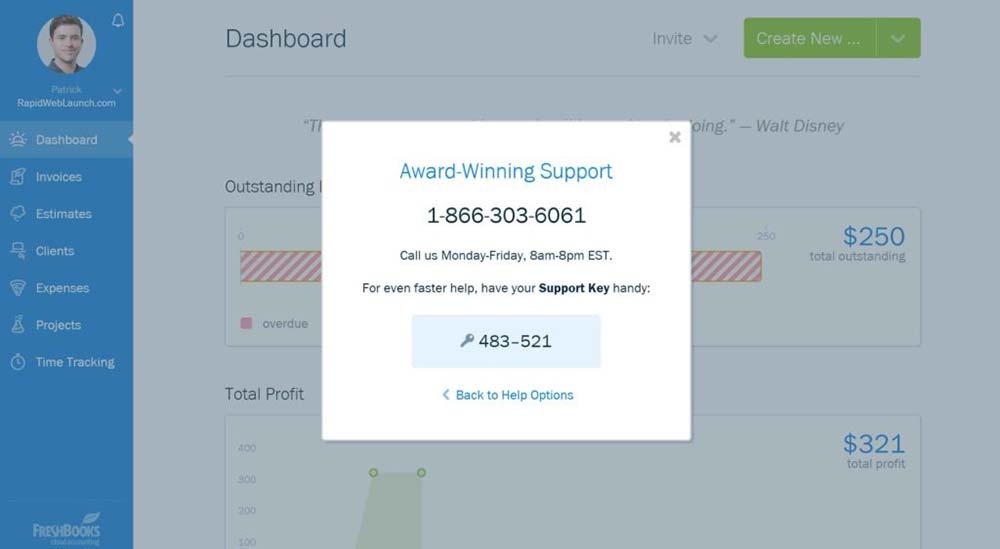 Opciones de contacto de soporte por teléfono y correo electrónico de FreshBooks