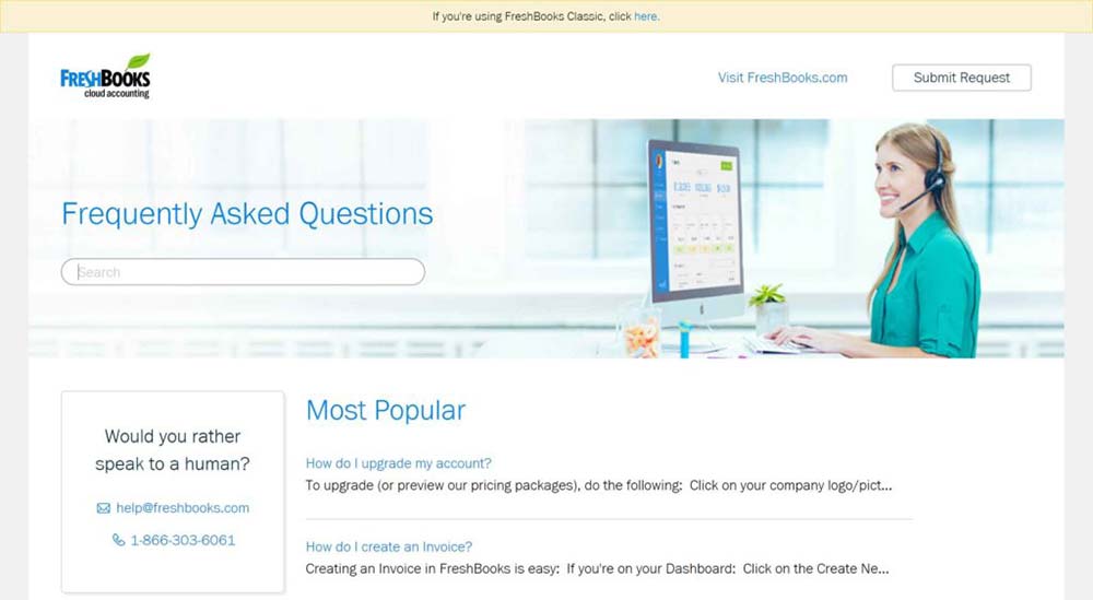 Búsqueda en la base de conocimiento de FAQ de autoservicio de FreshBooks