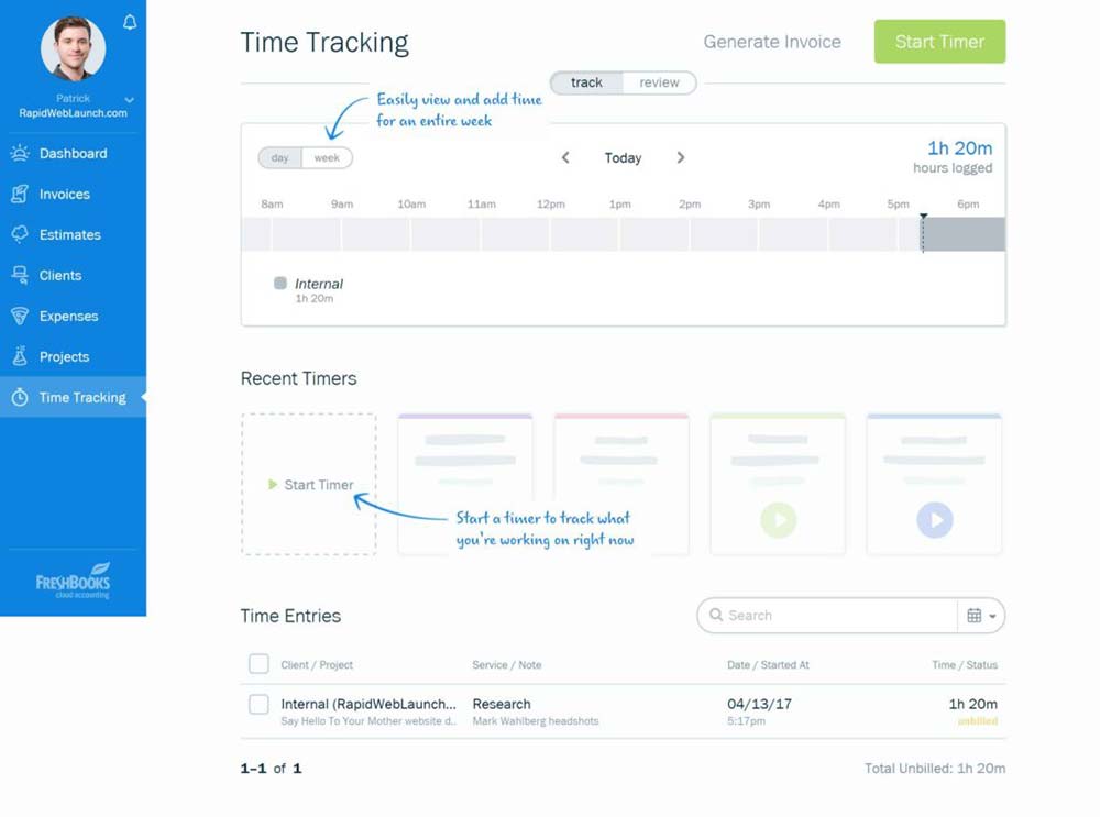 Temporizador de seguimiento de tiempo y hojas de tiempo de FreshBooks