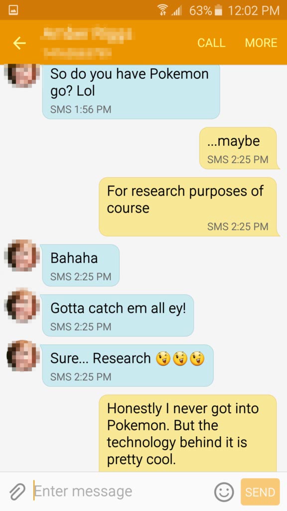 Text message from a friend about my Pokemon Go post