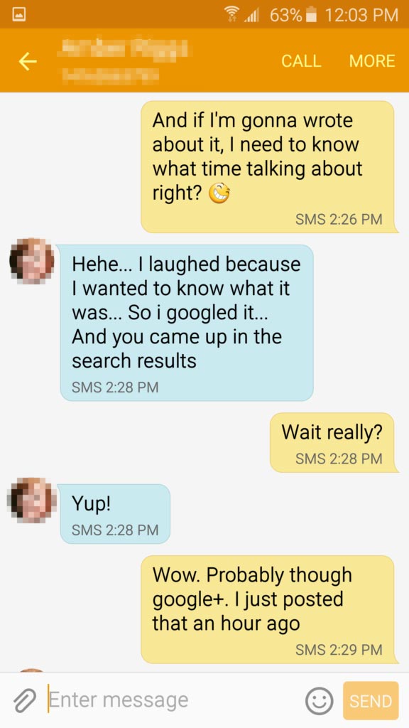 Friend texting about my post ranking on Google