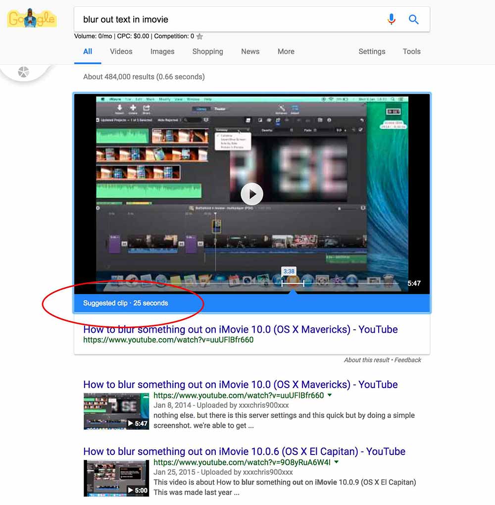 Resultado de búsqueda de Google sugiriendo un clip específico dentro de un video