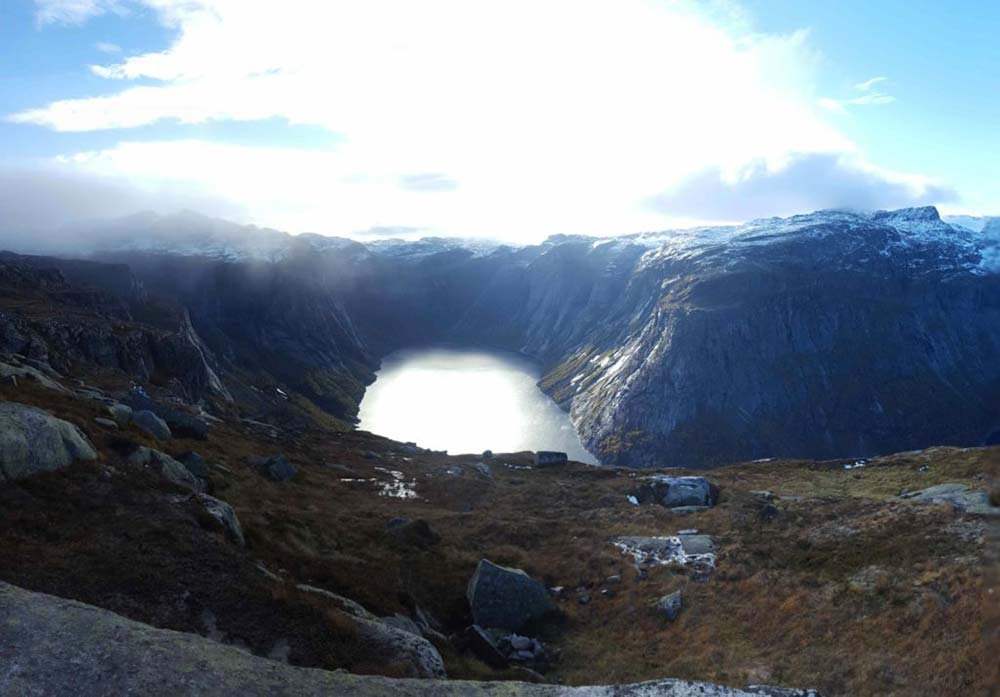 Crowds of hikers gathered at the Trolltunga cliff