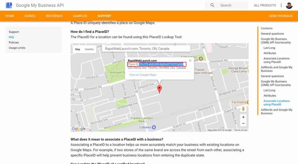 ID de lugar mostrado debajo del nombre del negocio en el mapa