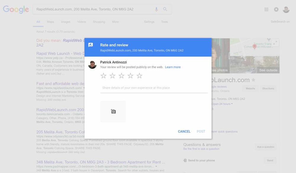Cuadro de reseña de Google que se abre desde el enlace directo