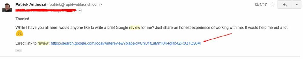 Correo electrónico de muestra pidiendo a los clientes una reseña en Google