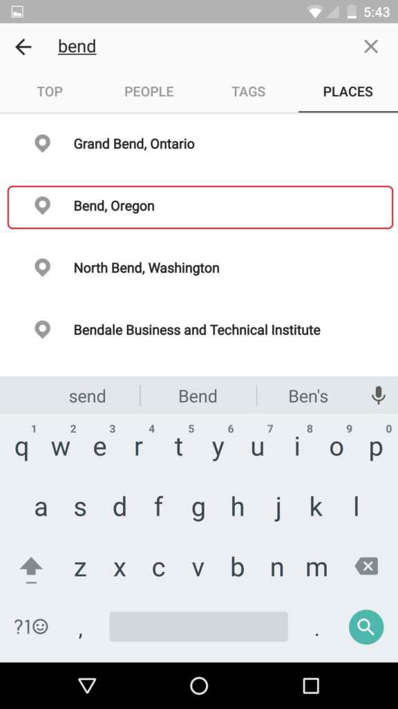 Instagram search with the Places tab selected