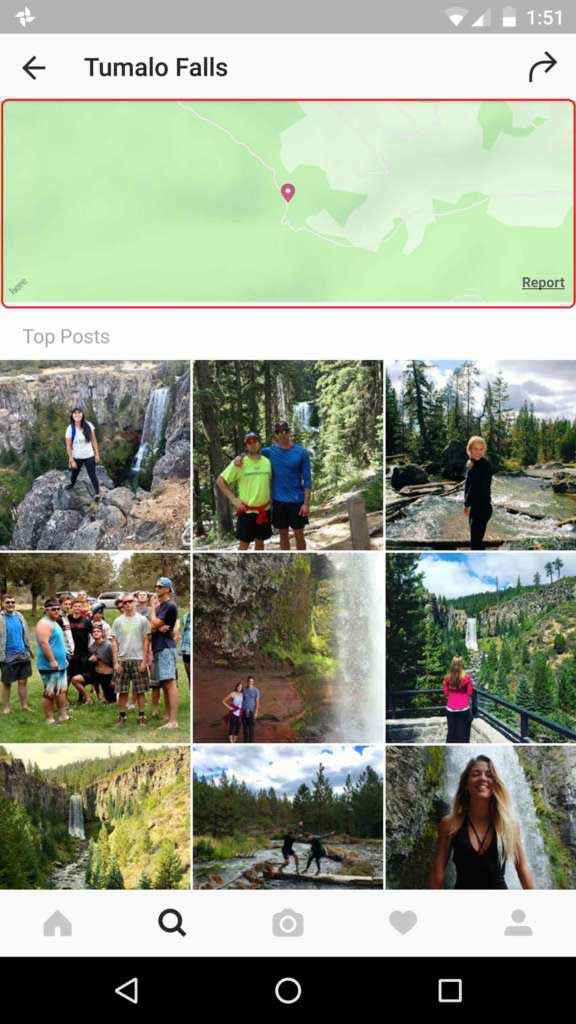 Tumalo Falls location page on Instagram with map and top posts