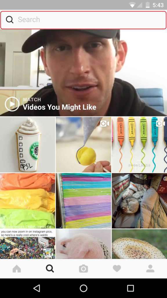 Instagram Explore page with search bar at the top