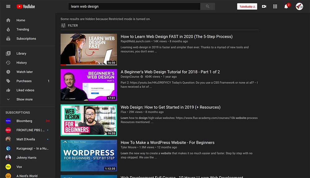 Resultados de búsqueda de YouTube para aprender diseño web