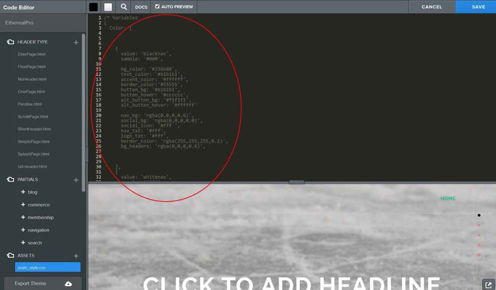 Configuraciones de color agrupadas en la parte superior del código del tema