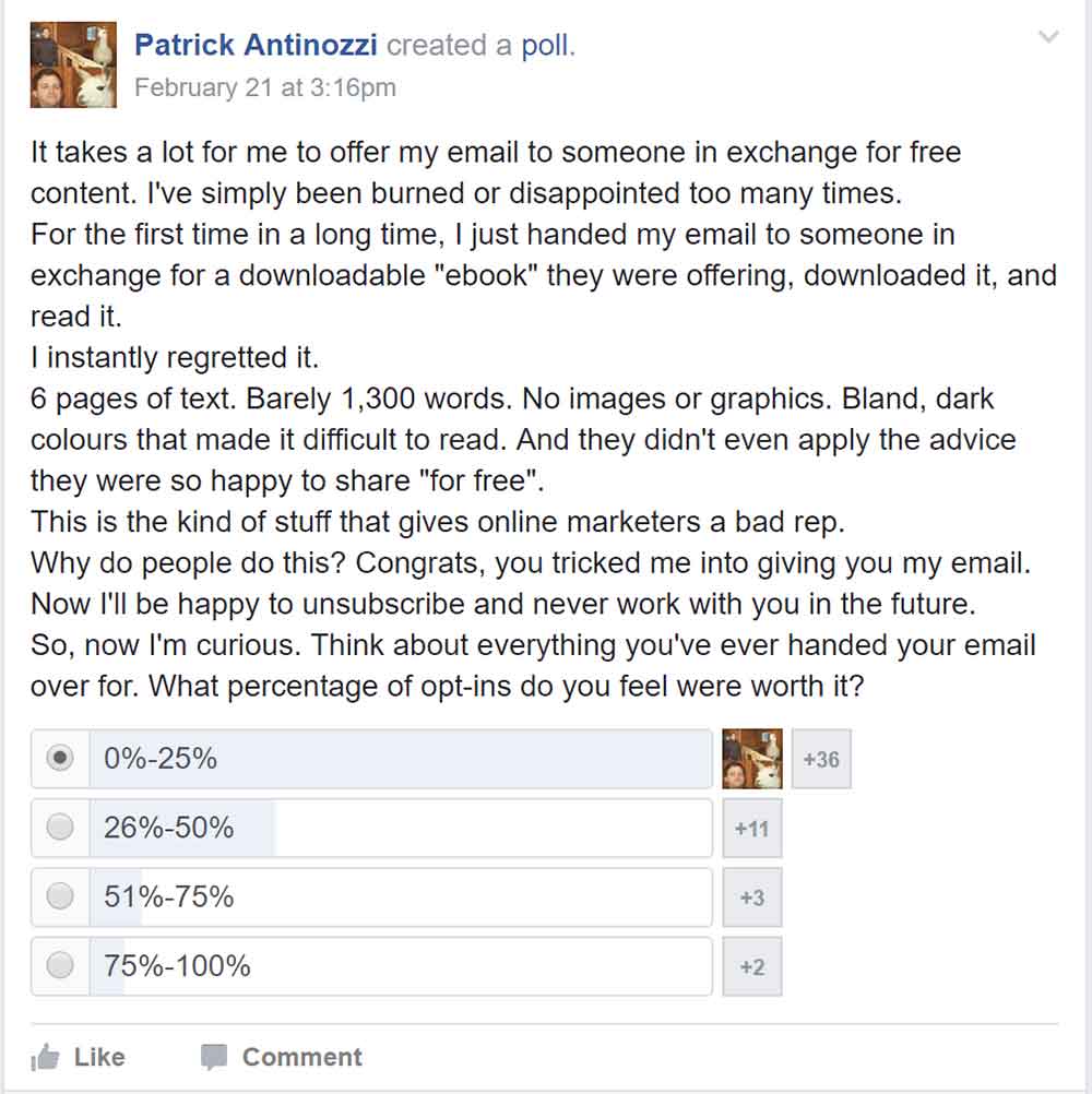 Resultados de la encuesta del grupo de Facebook sobre el valor de las suscripciones por correo electrónico