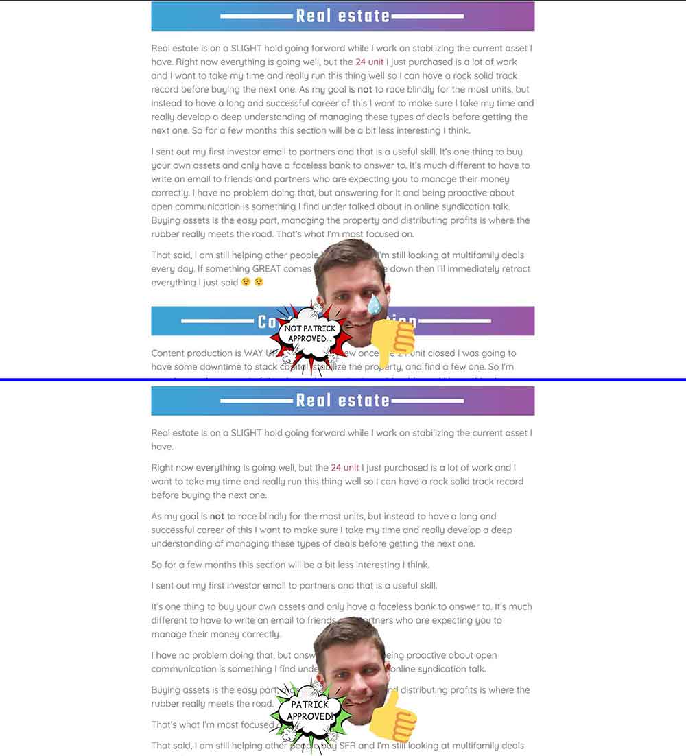 Comparación de párrafos cortos y fáciles de leer frente a un muro de texto