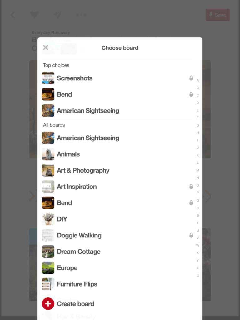 Choosing a Pinterest board to save the Pin to
