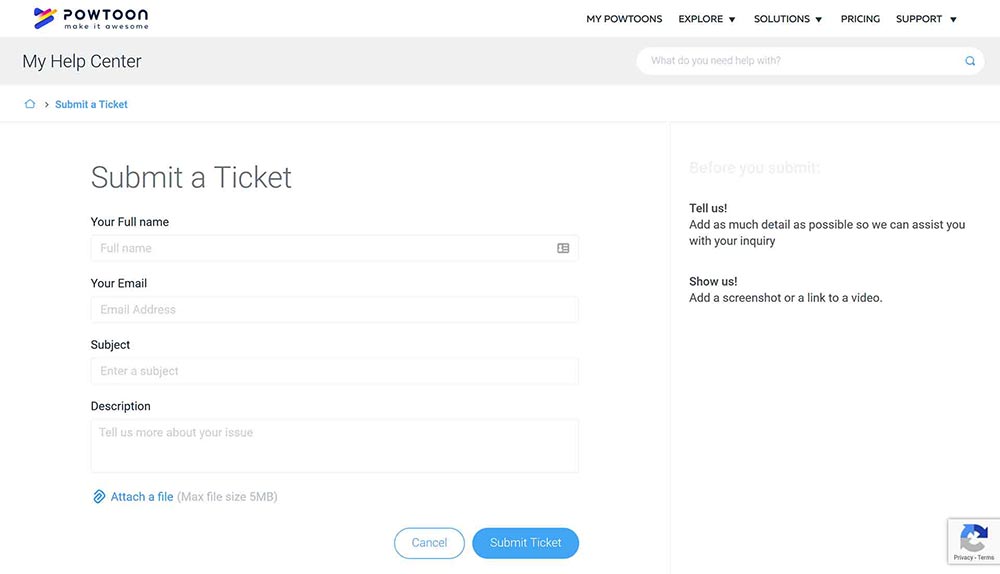 Opciones de contacto y soporte de Powtoon