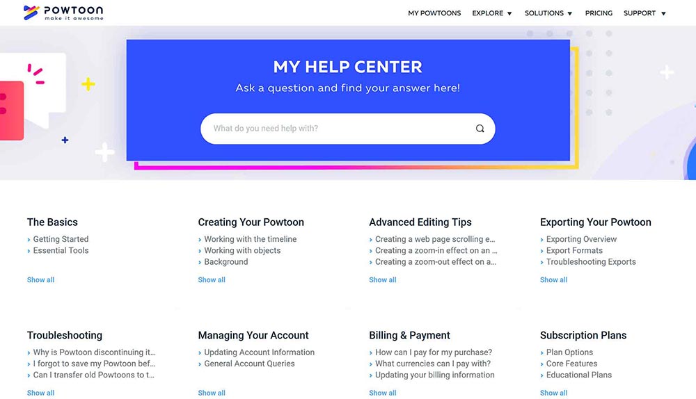 Centro de ayuda de soporte al cliente de Powtoon