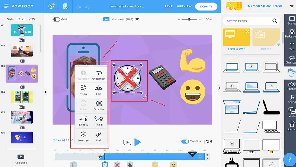 Interfaz de edición de arrastrar y soltar de Powtoon