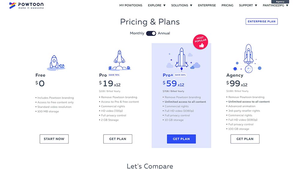 Planes de precios personales y de negocios de Powtoon
