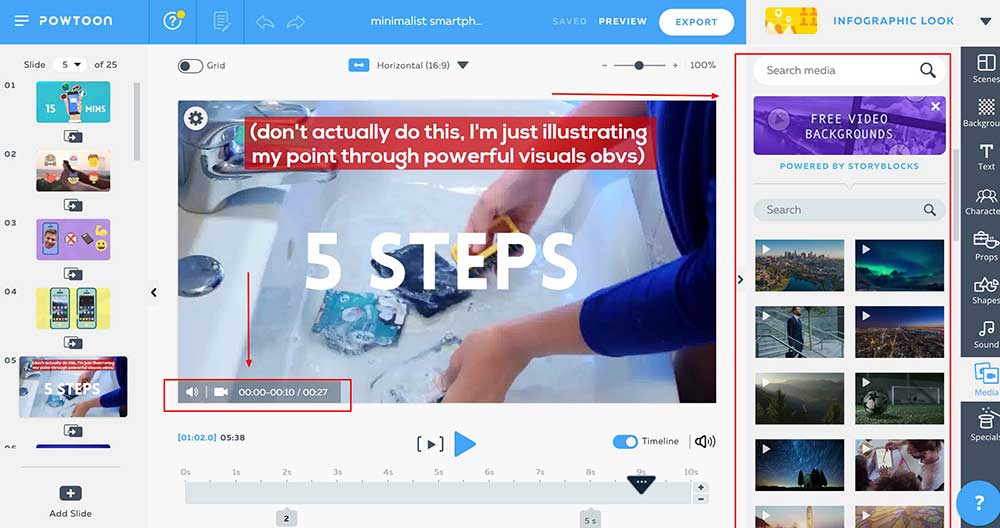 Pantalla de creación de videos de storyboard de Powtoon