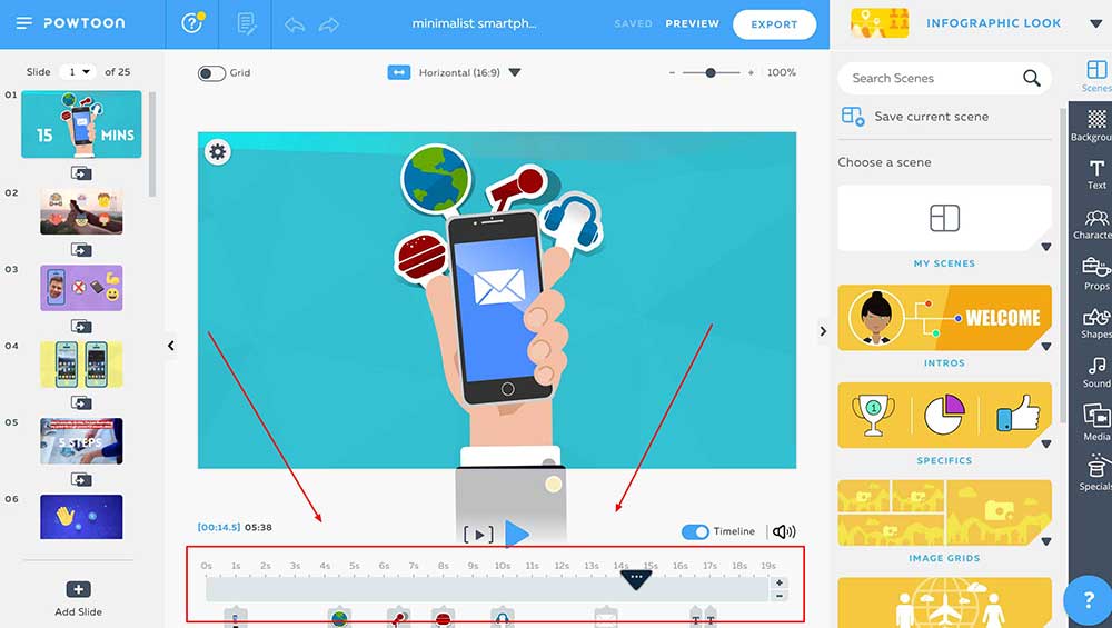 Línea de tiempo del editor de video animado Powtoon