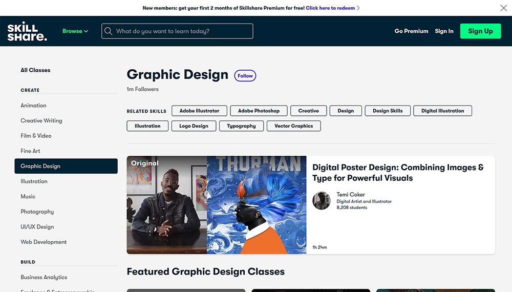 Biblioteca de contenido de clases en línea de Skillshare