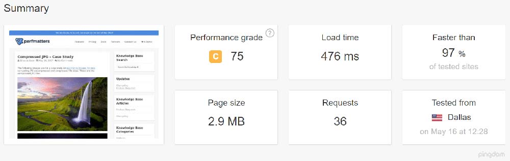 Resultado de prueba de velocidad con imágenes comprimidas de Kinsta