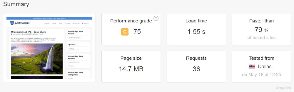Resultado de prueba de velocidad con imágenes sin comprimir de Kinsta